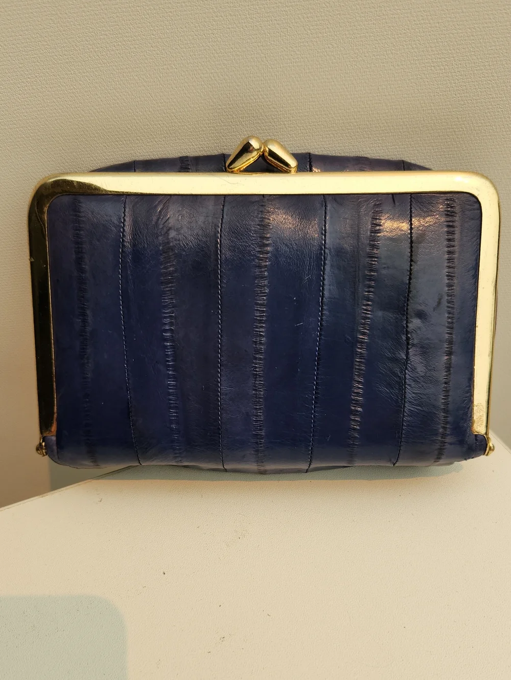 Genuine eel skin Korea Navy Leather Kiss-Lock Clutch with Gold Frame 3x5